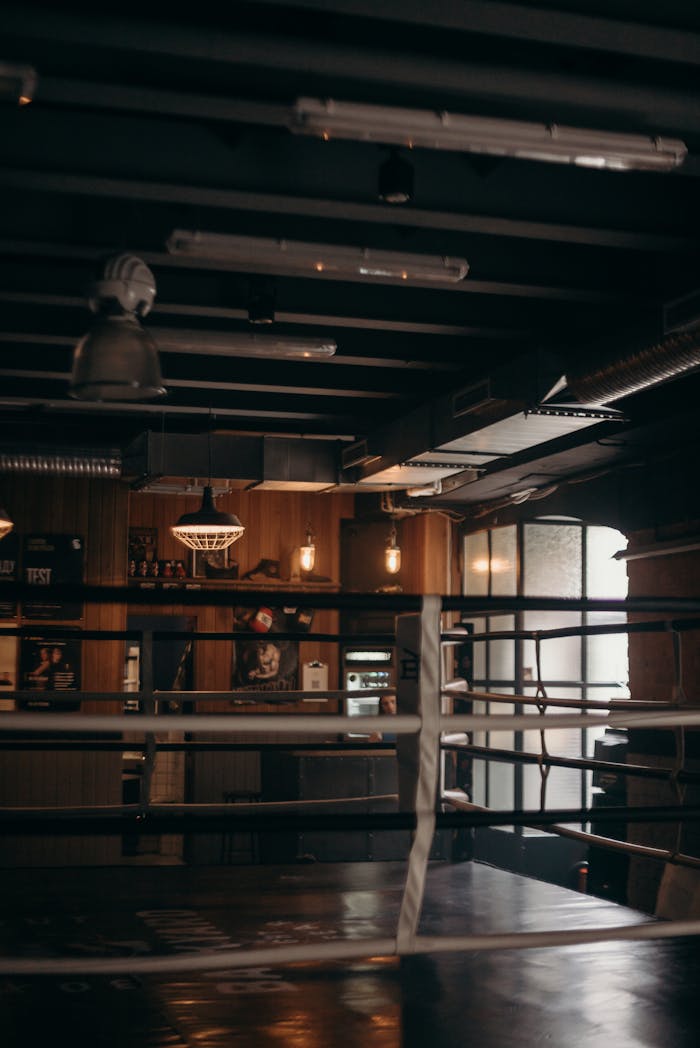 A cozy, dimly lit boxing gym interior featuring an empty boxing ring.