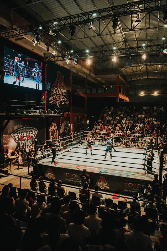 Mastering the First Impression: Your intriguing post title goes here High-energy boxing match captured in a bustling indoor stadium with a full audience.
